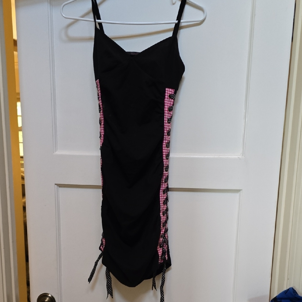 Black and Pink Ruched Dress with Gingham Accents